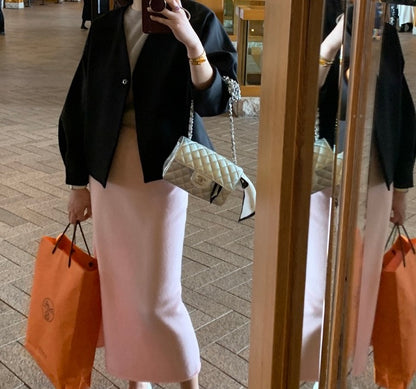 柔らかい長袖ニットセーター+ハイウエストタイトスカートセット