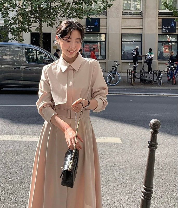 赫本風翻領系帶連身裙