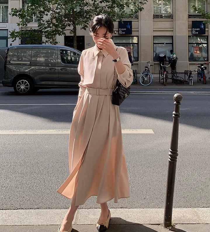 赫本風翻領系帶連身裙