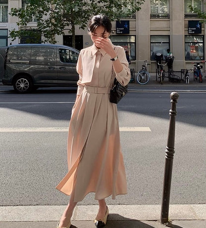 赫本風翻領系帶連身裙