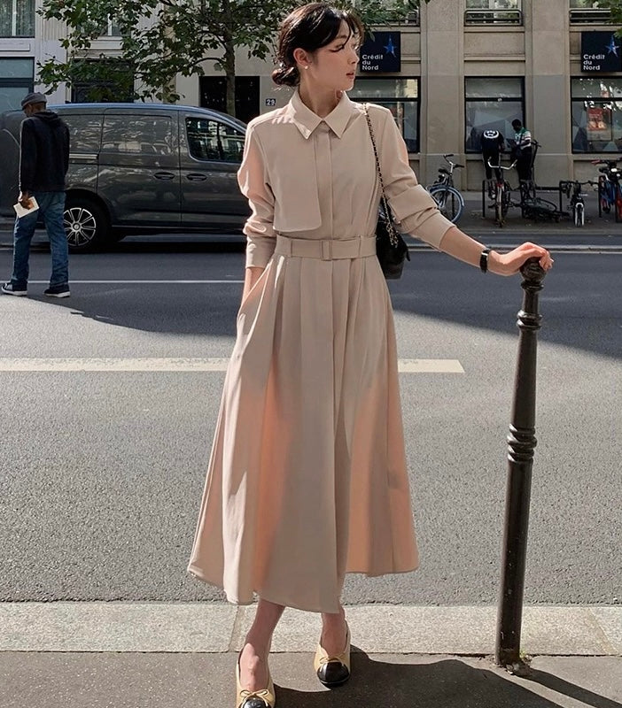 赫本風翻領系帶連身裙