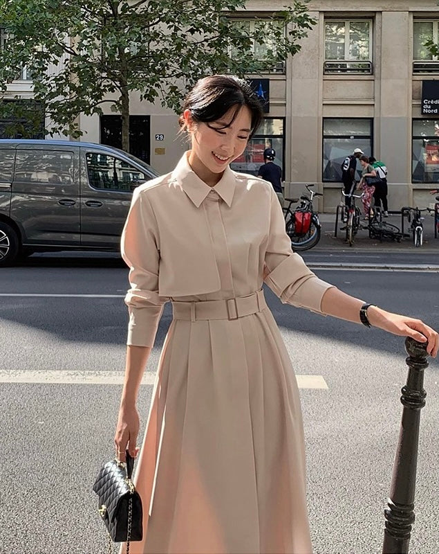 赫本風翻領系帶連身裙