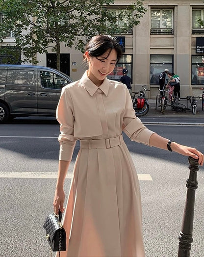 赫本風翻領系帶連身裙