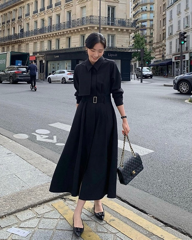 赫本風翻領系帶連身裙