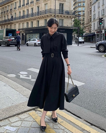 赫本風翻領系帶連身裙