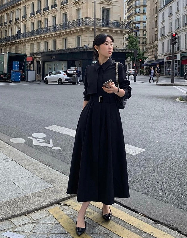 赫本風翻領系帶連身裙