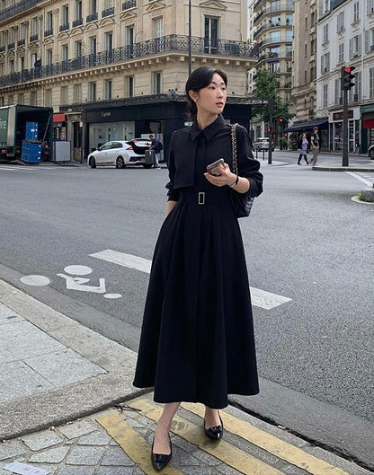 赫本風翻領系帶連身裙