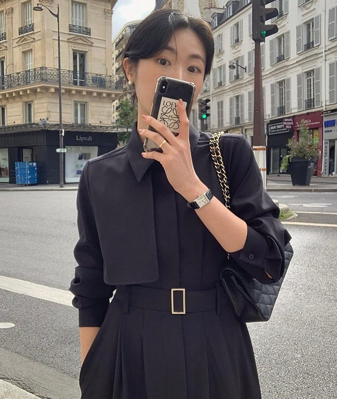 赫本風翻領系帶連身裙