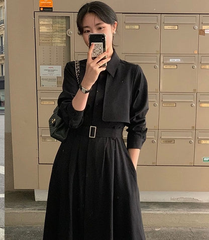 赫本風翻領系帶連身裙