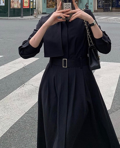 赫本風翻領系帶連身裙