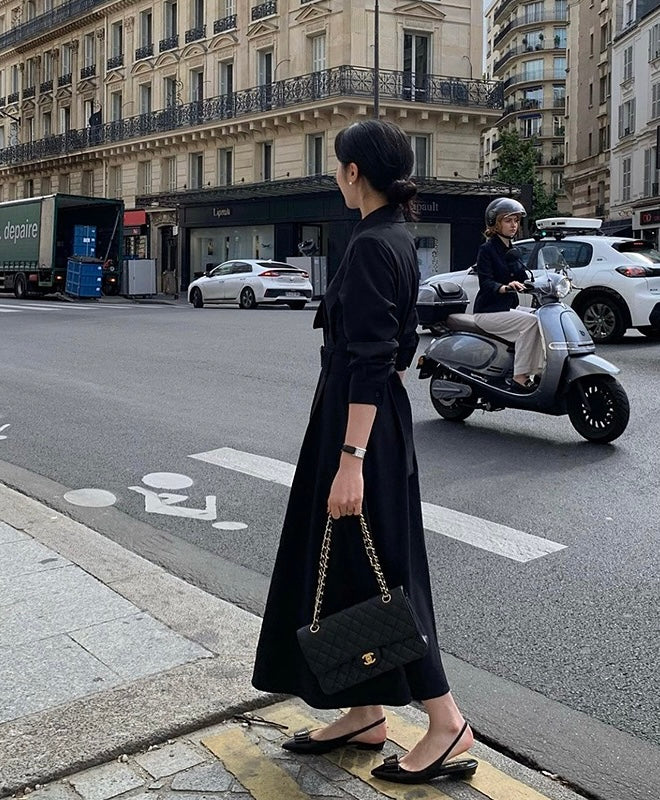 赫本風翻領系帶連身裙