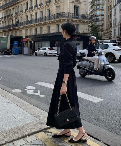 赫本風翻領系帶連身裙