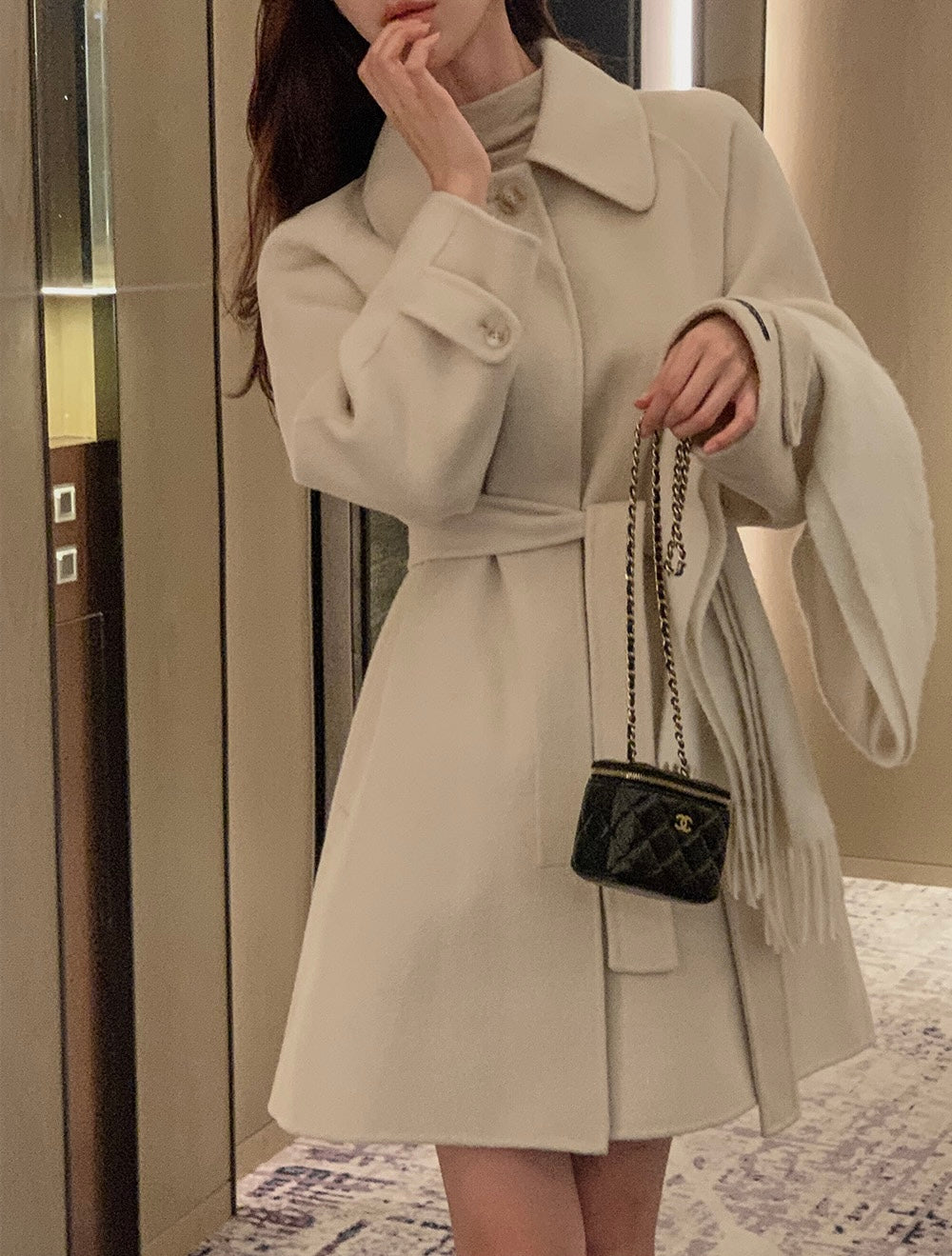 翻領系帶收腰毛呢大衣