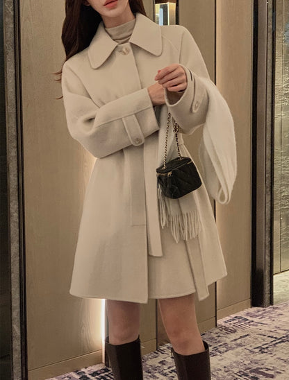 翻領系帶收腰毛呢大衣