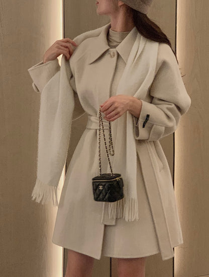 翻領系帶收腰毛呢大衣