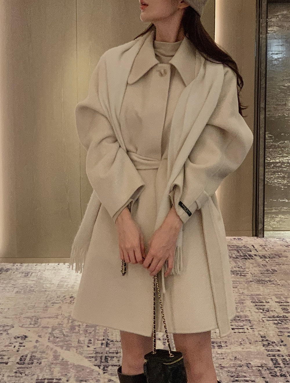 翻領系帶收腰毛呢大衣