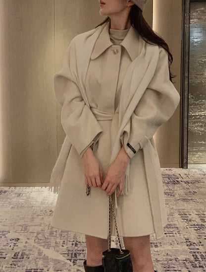 翻領系帶收腰毛呢大衣