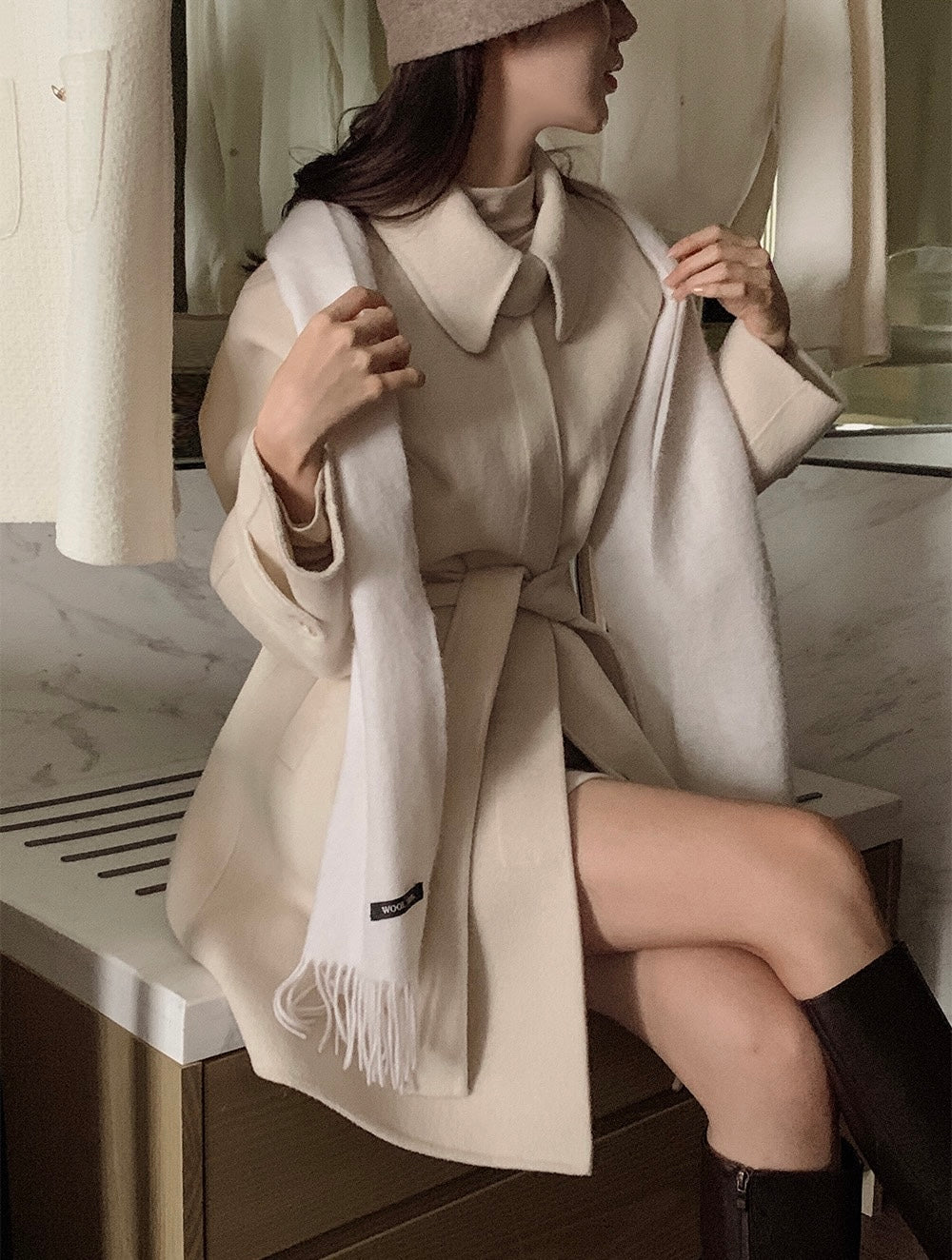 翻領系帶收腰毛呢大衣