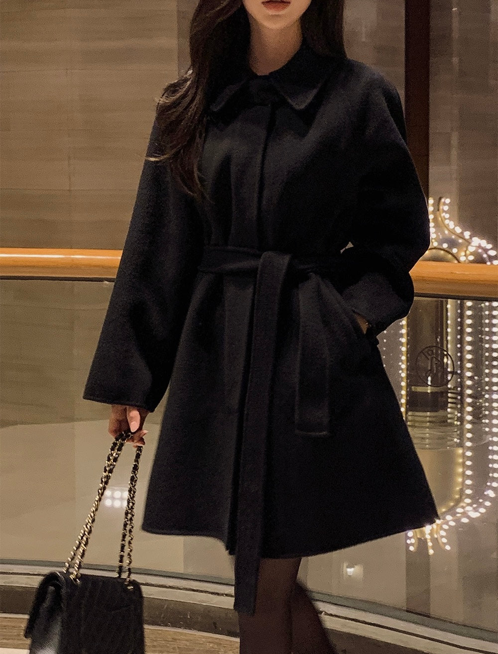 翻領系帶收腰毛呢大衣