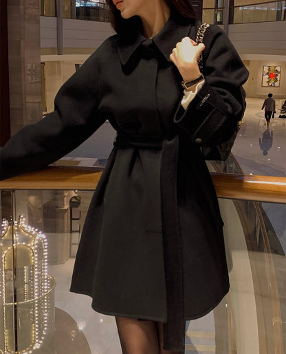 翻領系帶收腰毛呢大衣