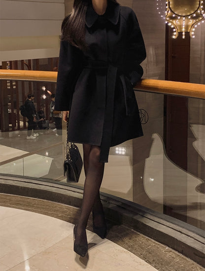 翻領系帶收腰毛呢大衣