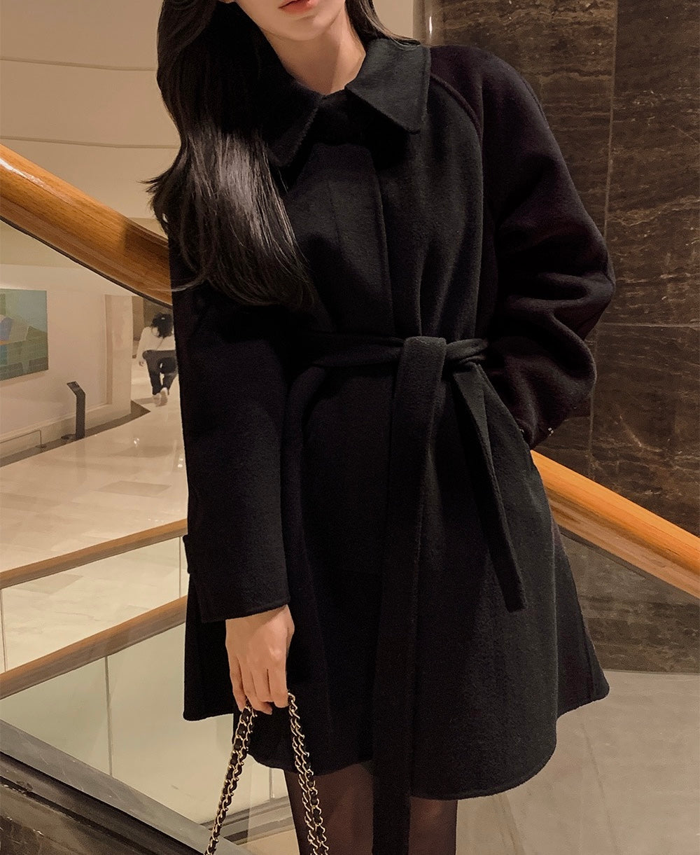 翻領系帶收腰毛呢大衣