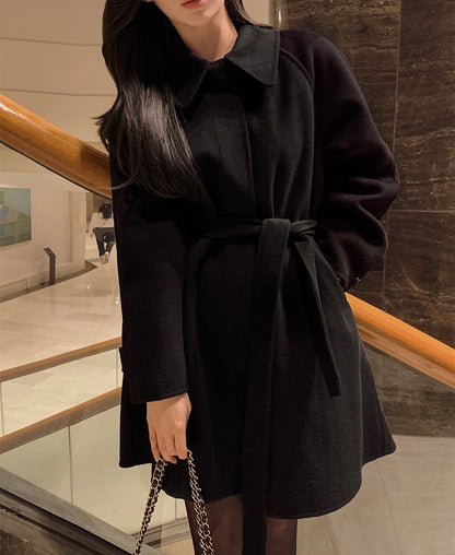 翻領系帶收腰毛呢大衣