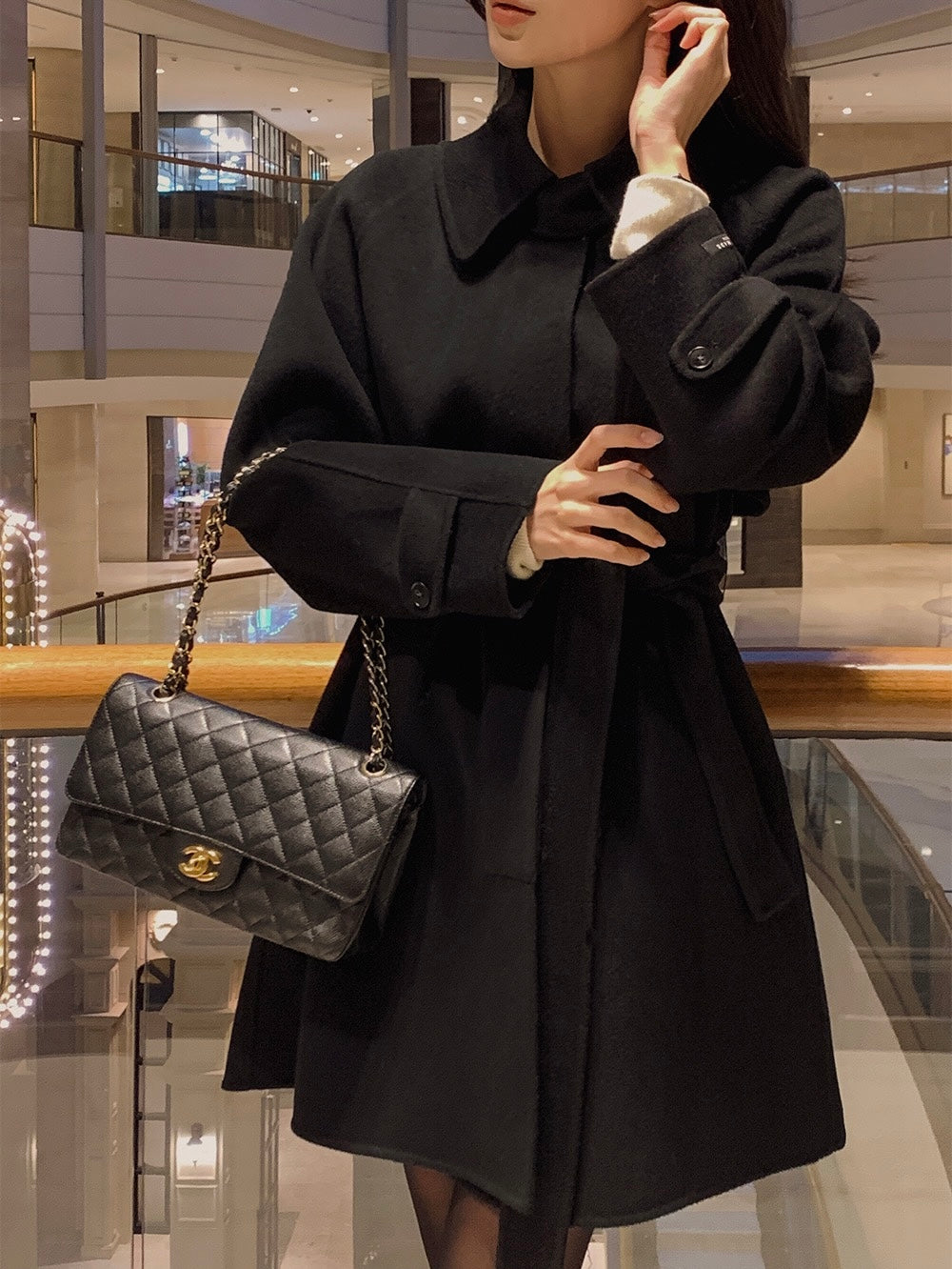 翻領系帶收腰毛呢大衣