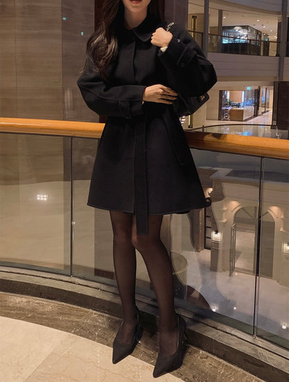 翻領系帶收腰毛呢大衣