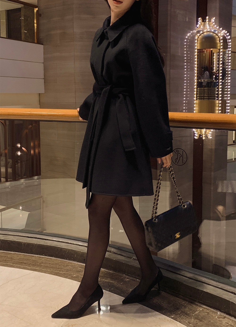 翻領系帶收腰毛呢大衣