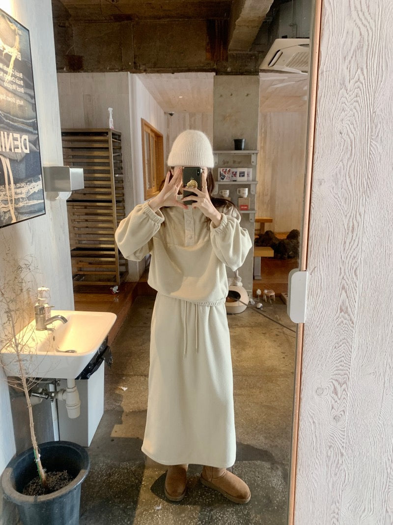 Double-sided Fleece Relaxed Top + Slimming Skirt Set