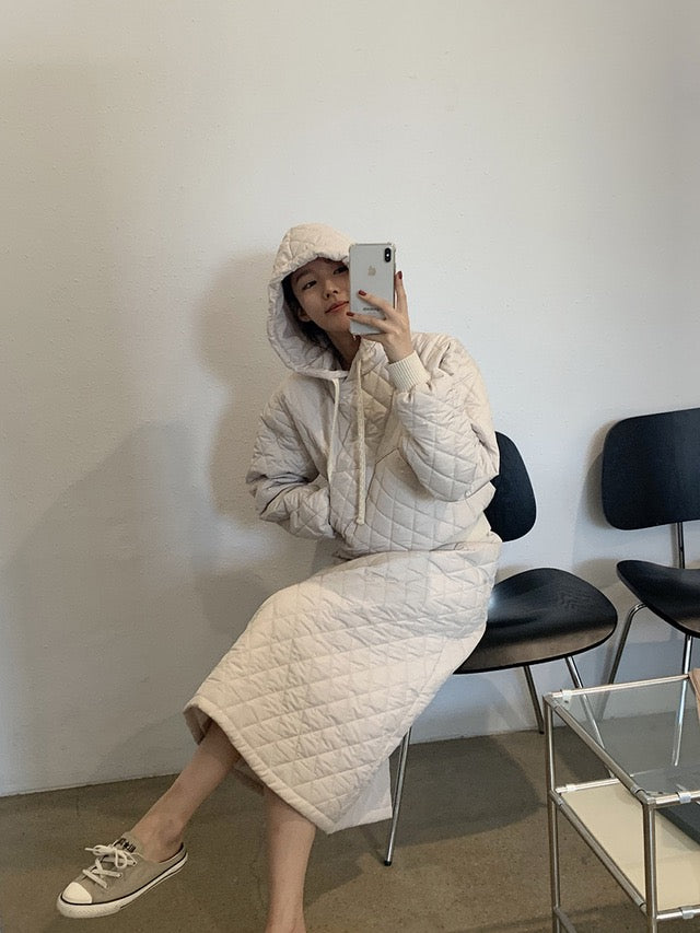 Diamond Quilted Hoodie + High-Waisted Skirt Set