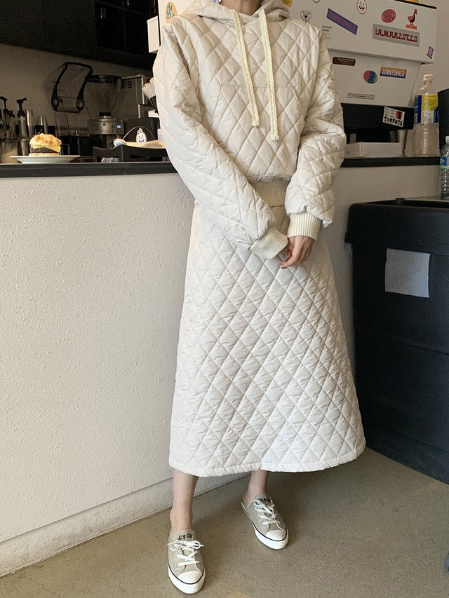 Diamond Quilted Hoodie + High-Waisted Skirt Set