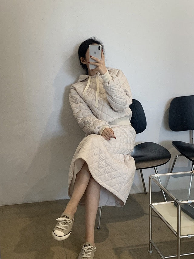 Diamond Quilted Hoodie + High-Waisted Skirt Set