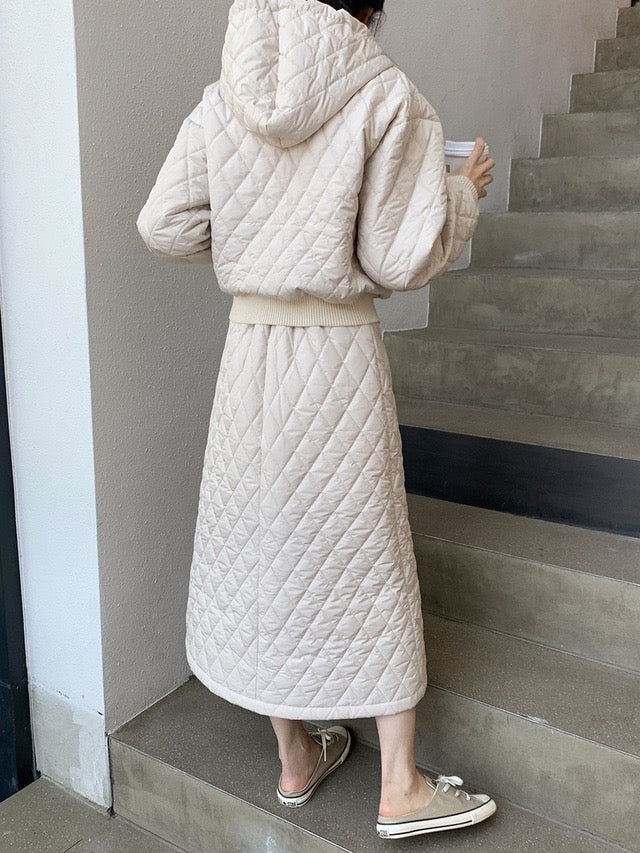 Diamond Quilted Hoodie + High-Waisted Skirt Set