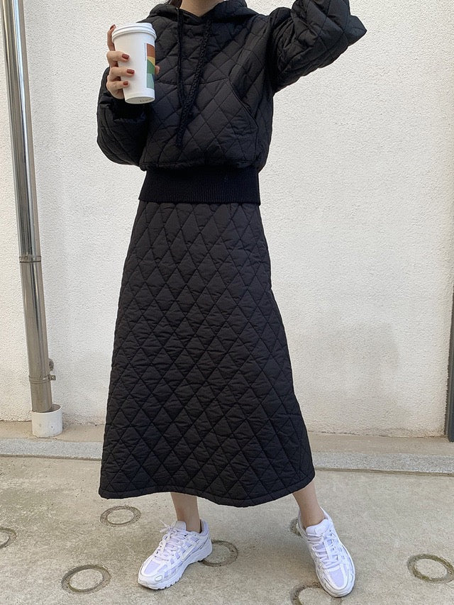 Diamond Quilted Hoodie + High-Waisted Skirt Set