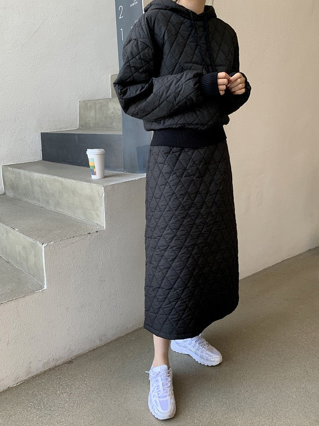 Diamond Quilted Hoodie + High-Waisted Skirt Set