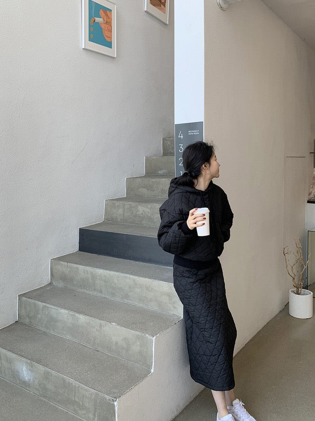 Diamond Quilted Hoodie + High-Waisted Skirt Set