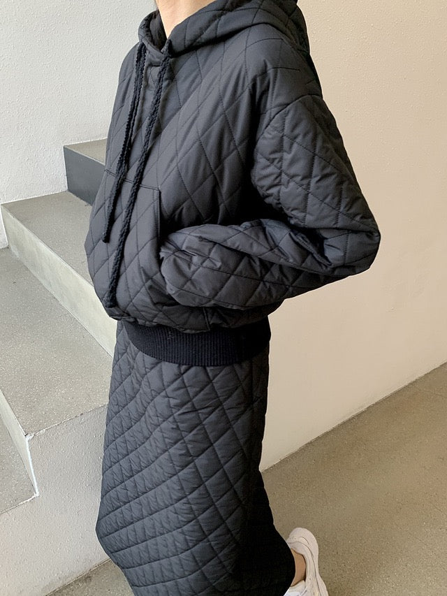 Diamond Quilted Hoodie + High-Waisted Skirt Set