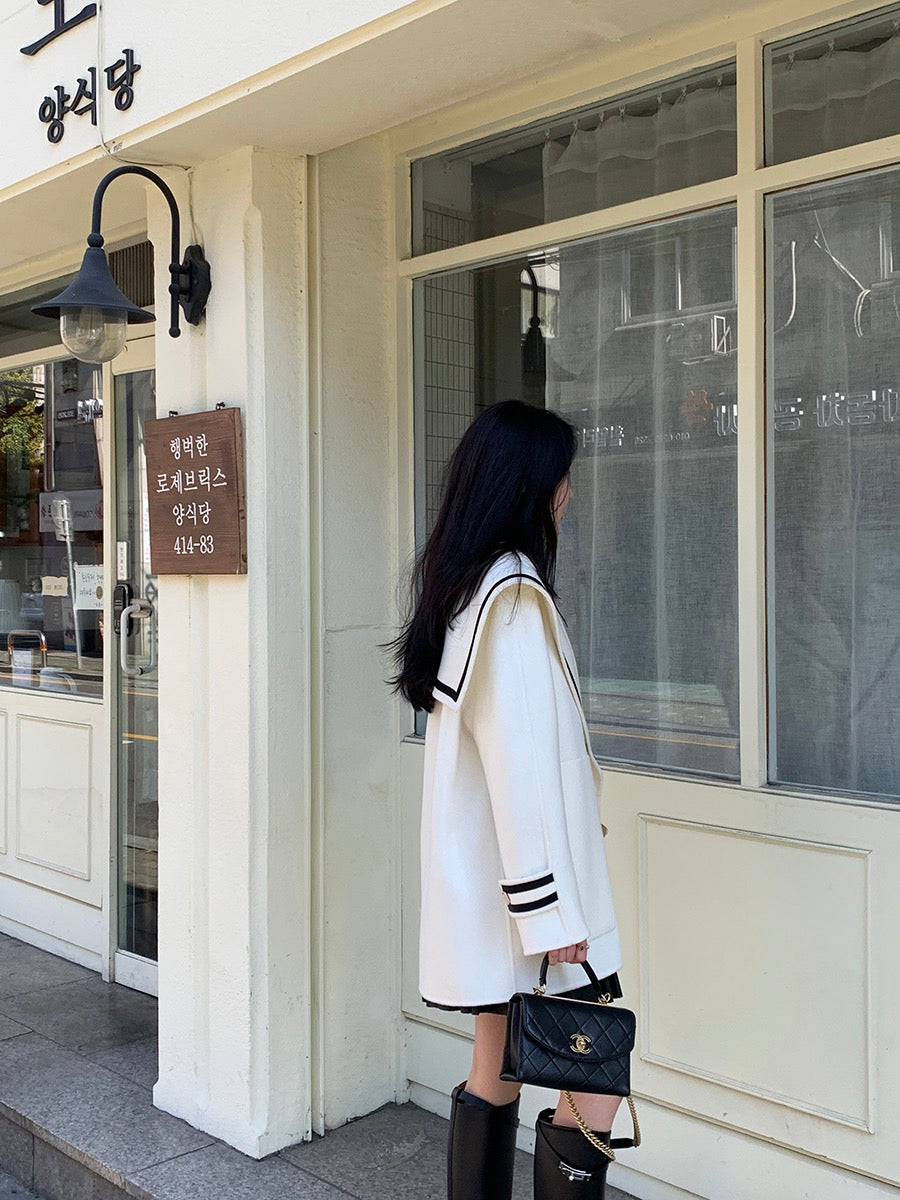 海軍領雙排釦毛呢外套