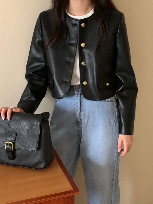 圓領金屬單排扣皮衣