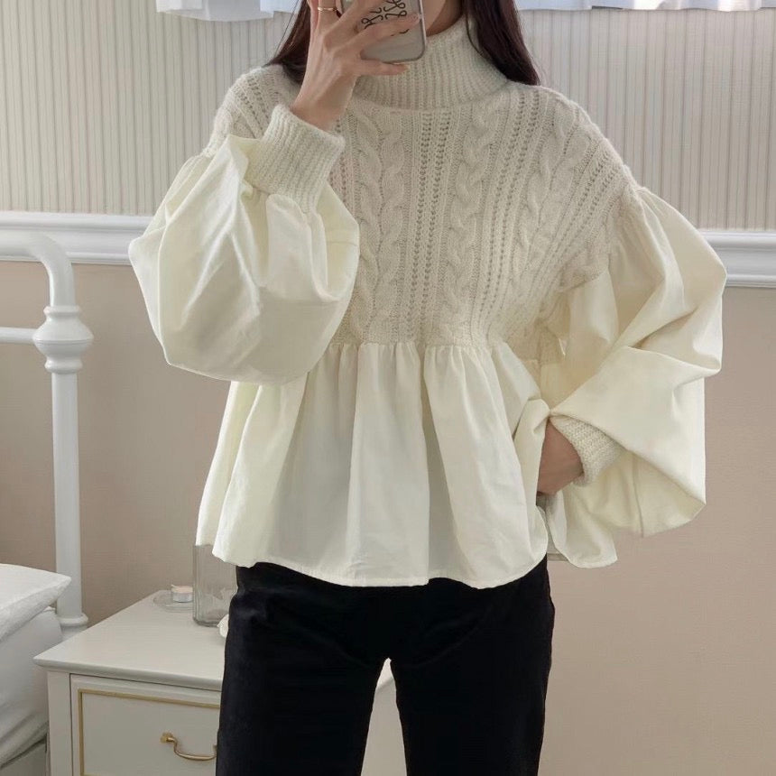ハイネックケーブル編み切替バルーンスリーブトップス