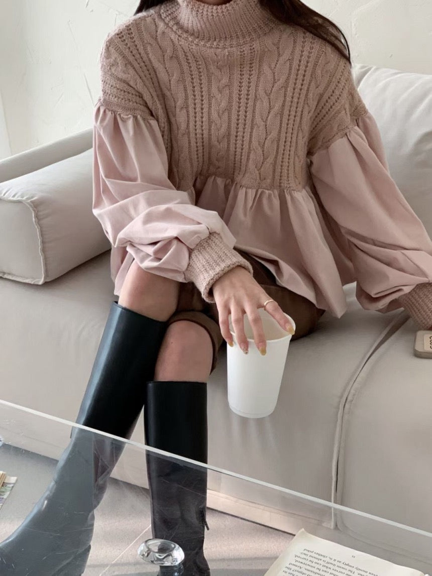 ハイネックケーブル編み切替バルーンスリーブトップス