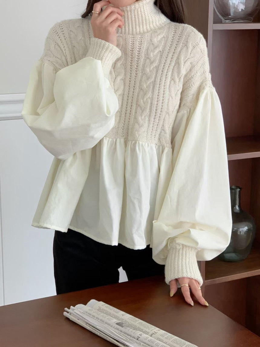 ハイネックケーブル編み切替バルーンスリーブトップス