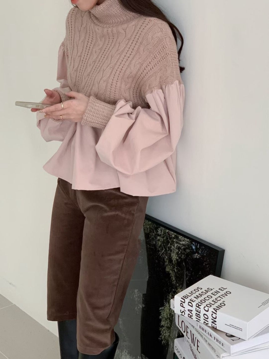 ハイネックケーブル編み切替バルーンスリーブトップス