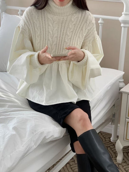 ハイネックケーブル編み切替バルーンスリーブトップス