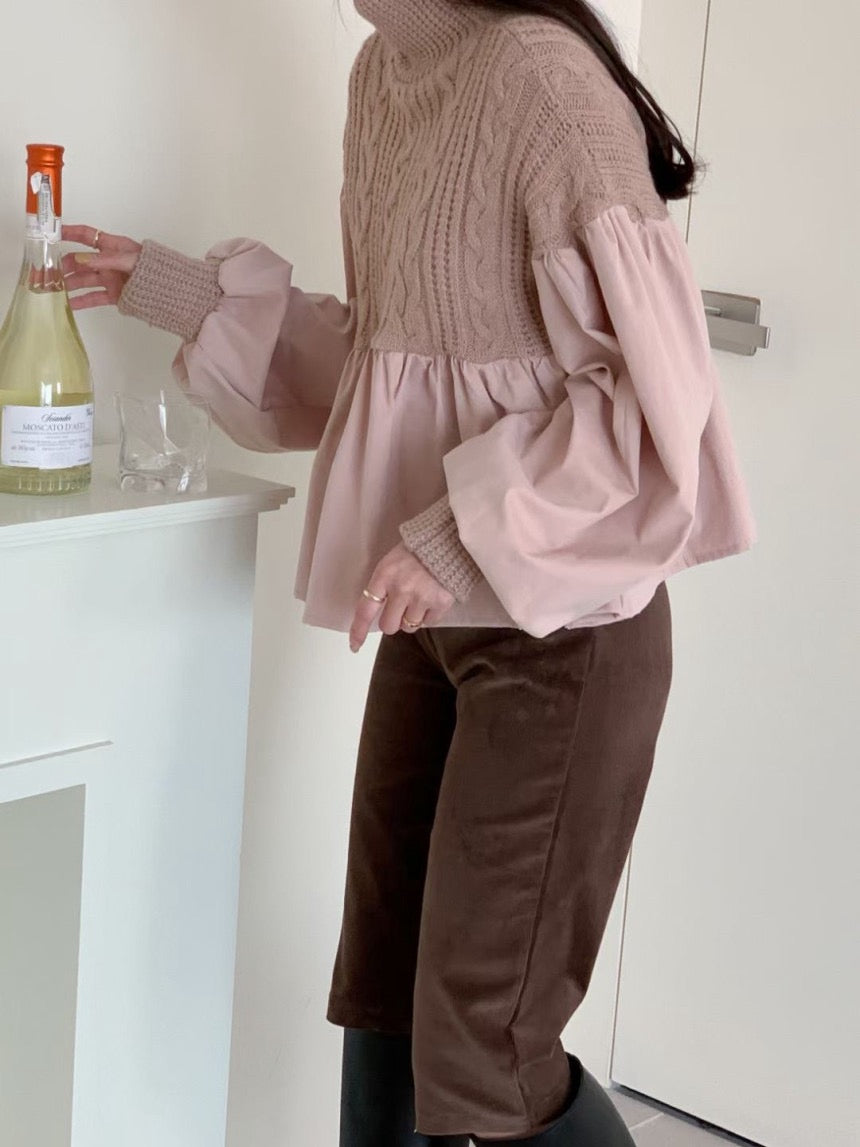 ハイネックケーブル編み切替バルーンスリーブトップス
