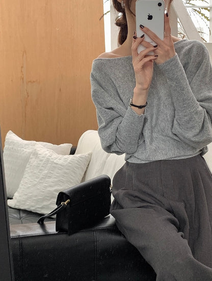 一字領燈籠袖針織top