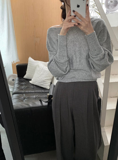 一字領燈籠袖針織top