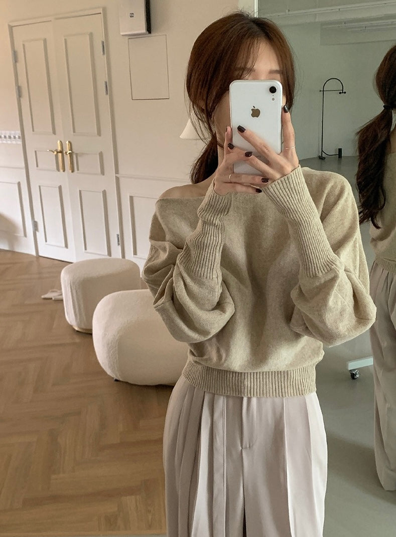 一字領燈籠袖針織top